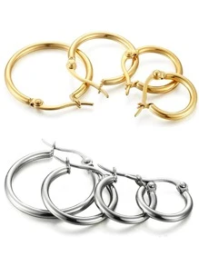 4 Pairs Silver Hoop Earrings Set Stainless Steel Cute Huggie Earrings for Women Rounded Small Hoop Earrings 10/12/15/20MM - 4 Pairs Hoop Earrings Silver - View 8