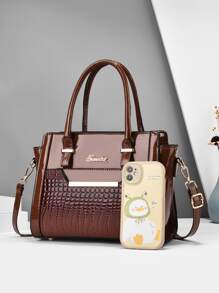 件裝時尚閃亮 PU 皮革手提包和配套手拿包，大容量，適合青少年女孩女大學生、菜鳥和白領人士，非常適合辦公室、工作、商務、通勤女性最佳工作包 - 咖啡棕 - 查看 2