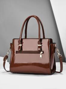 件裝時尚閃亮 PU 皮革手提包和配套手拿包，大容量，適合青少年女孩女大學生、菜鳥和白領人士，非常適合辦公室、工作、商務、通勤女性最佳工作包 - 咖啡棕 - 查看 4