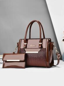 件裝時尚閃亮 PU 皮革手提包和配套手拿包，大容量，適合青少年女孩女大學生、菜鳥和白領人士，非常適合辦公室、工作、商務、通勤女性最佳工作包 - 咖啡棕 - 查看 1