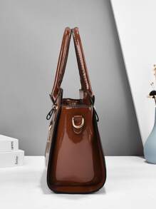 件裝時尚閃亮 PU 皮革手提包和配套手拿包，大容量，適合青少年女孩女大學生、菜鳥和白領人士，非常適合辦公室、工作、商務、通勤女性最佳工作包 - 咖啡棕 - 查看 5