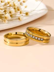 1pair Personalized & Simple Style Stainless Steel Gemstone Ring Set For Couples (men & Women) - Gold - View 3