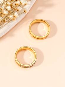 1pair Personalized & Simple Style Stainless Steel Gemstone Ring Set For Couples (men & Women) - Gold - View 2