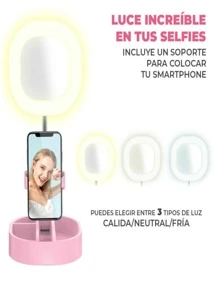 ARO DE LUZ CON ESPEJO LED PLEGABLE MAKEUP - Rosa - Ver 2
