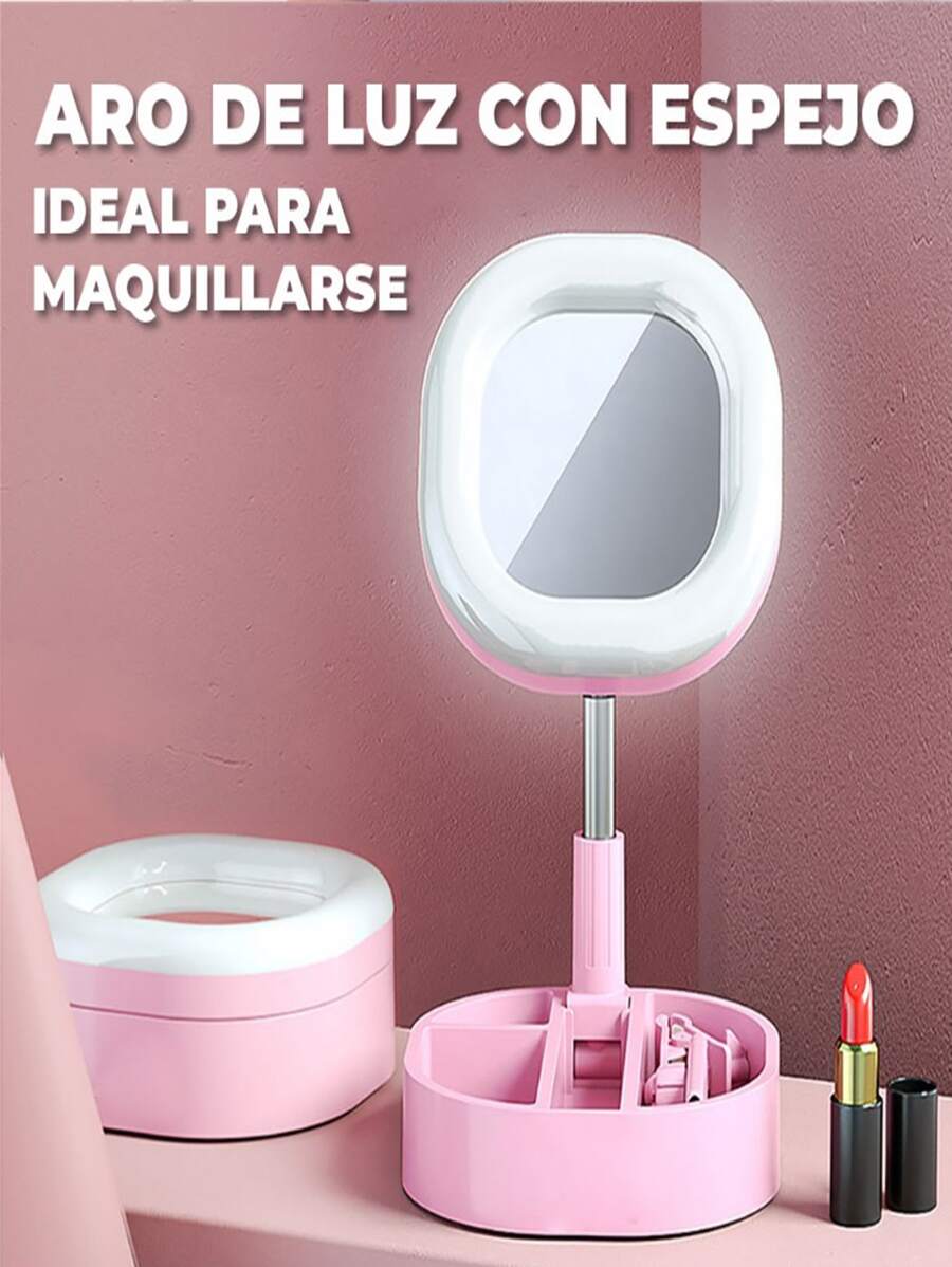ARO DE LUZ CON ESPEJO LED PLEGABLE MAKEUP - Rosa - Ver 1
