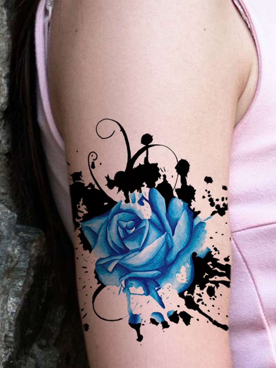 1入組3圖案紋身貼紙,藍色的玫瑰花幾何圖案眼睛圖案臨時紋身貼,身體手手臂腿藝術彩妝假紋身貼紙適合女士 - 彩色 - 查看 1