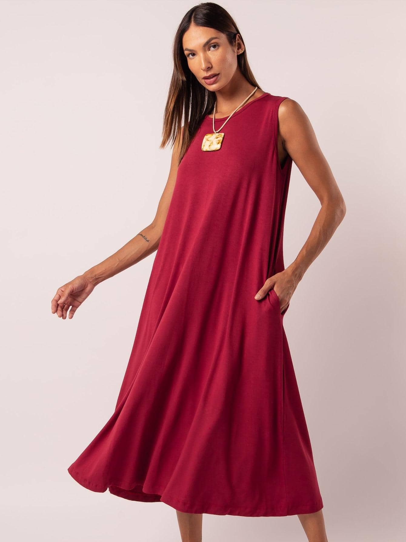 Vestido Longo Soltinho de Malha Confortável - Vermelho - Visão 1
