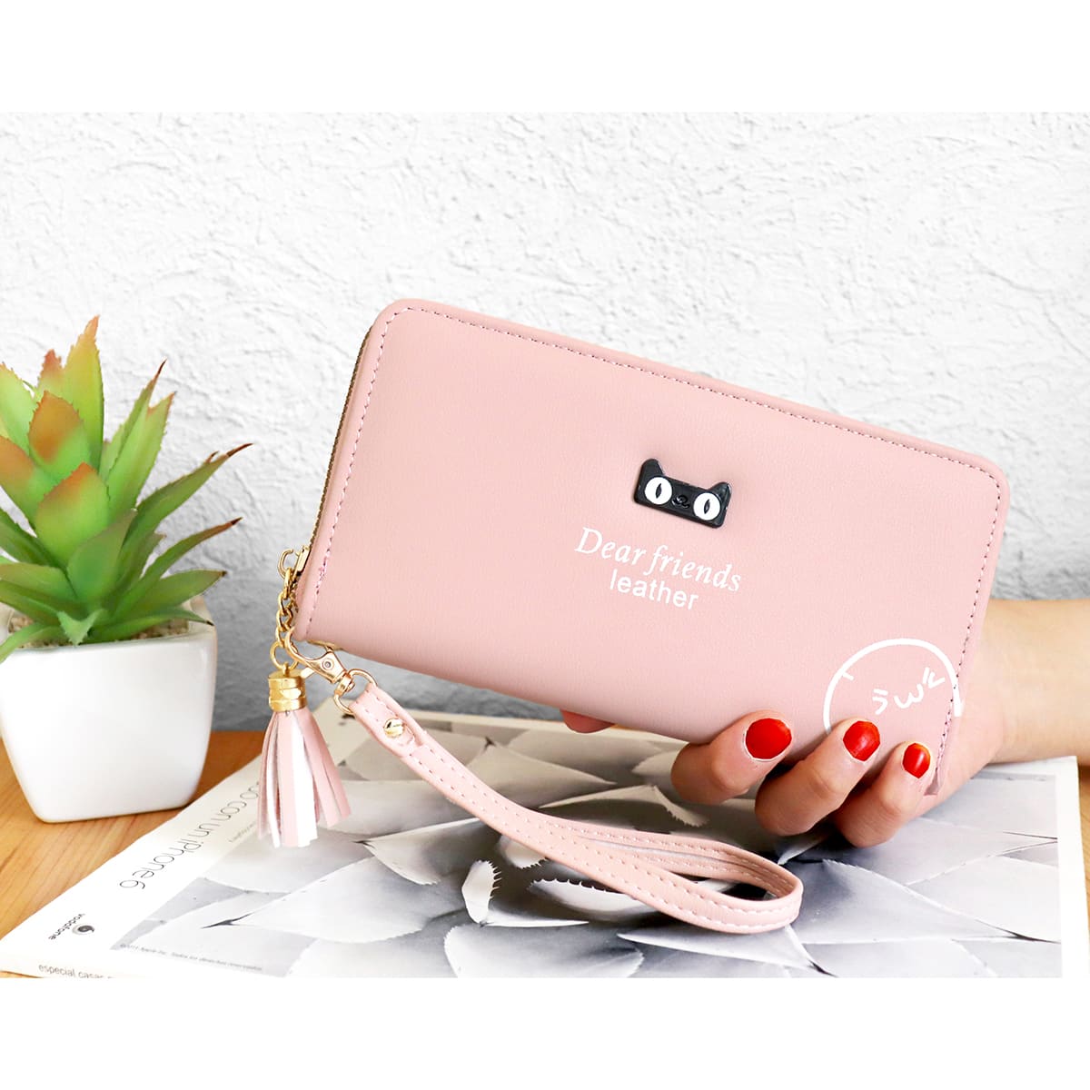 Korean Style Fashion Black Cat Design Ladies Long Wallet - 珊瑚粉 - 查看 1