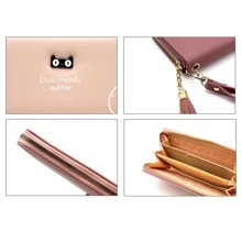 Korean Style Fashion Black Cat Design Ladies Long Wallet - 珊瑚粉 - 查看 2