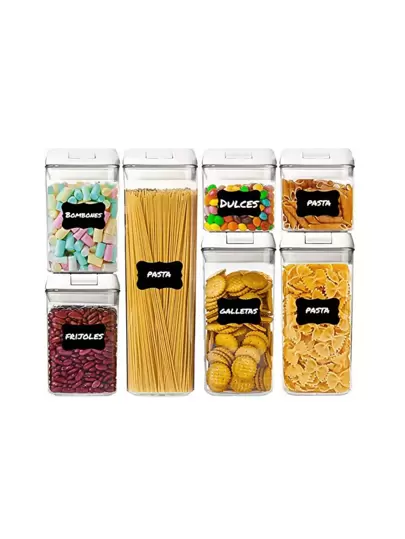 Juego de 7 Recipientes Bluelander: Herméticos, Sin BPA y Totalmente Apilables. ¡Etiquetas de Identificación Incluidas! Ordena ahora y disfruta de una alacena impecable.