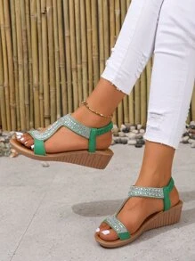坡跟跟水鑽涼鞋彈性舒服的優美女性鞋 - 綠色 - 查看 1