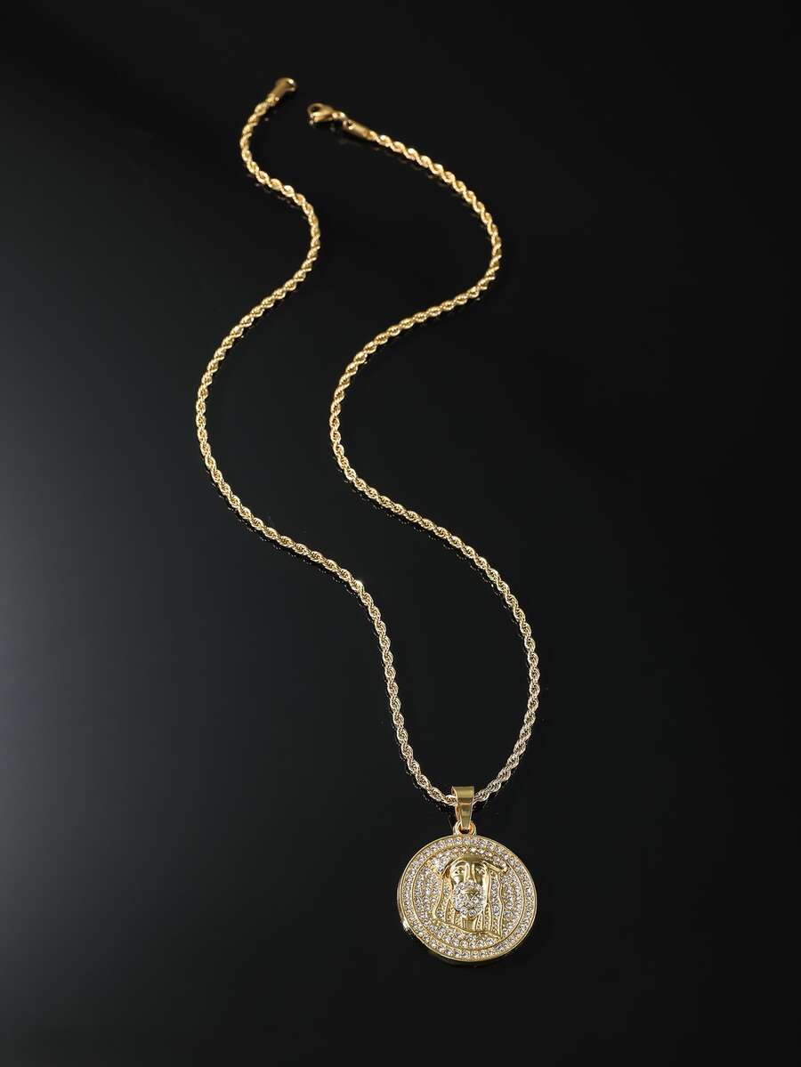 1pc Full Rhinestone Jesus Round Pendant Hip-Pop Style Personalized Necklace For Men - Yellow Gold - View 1