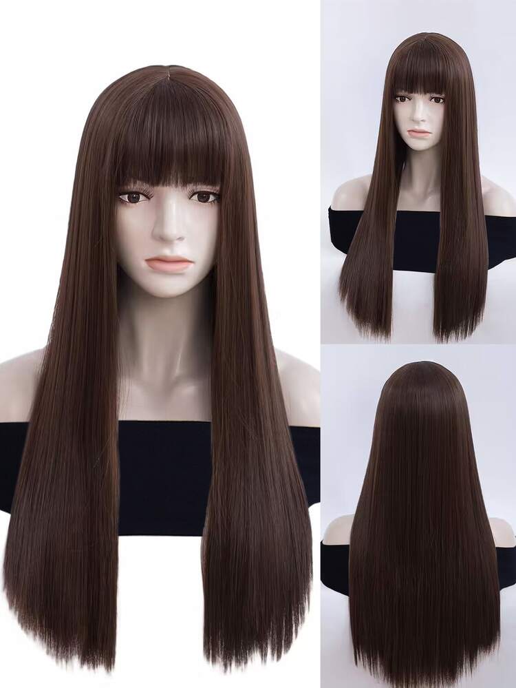 Long Straight Synthetic Wig With Bangs - Brown - View 1
