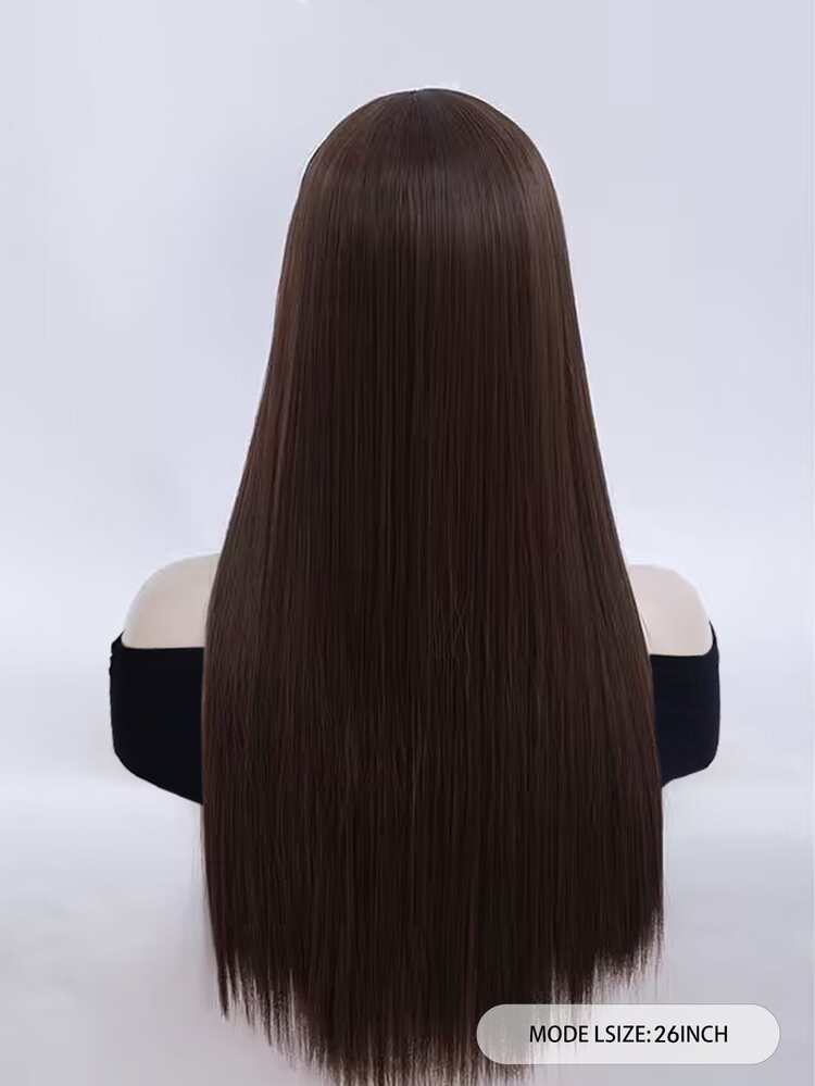 Long Straight Synthetic Wig With Bangs - Brown - View 2
