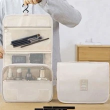 掛式旅行化妝包配鉤便攜折疊化妝品組織器,適用於女性和女孩生日禮物,是旅行郵輪必備品,還可用於沙灘袋,沙灘毛巾收納包,度假必備品,夏季度假旅行家居必備良品 - 卡其色 - 查看 1