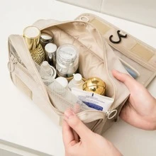 掛式旅行化妝包配鉤便攜折疊化妝品組織器,適用於女性和女孩生日禮物,是旅行郵輪必備品,還可用於沙灘袋,沙灘毛巾收納包,度假必備品,夏季度假旅行家居必備良品 - 卡其色 - 查看 5