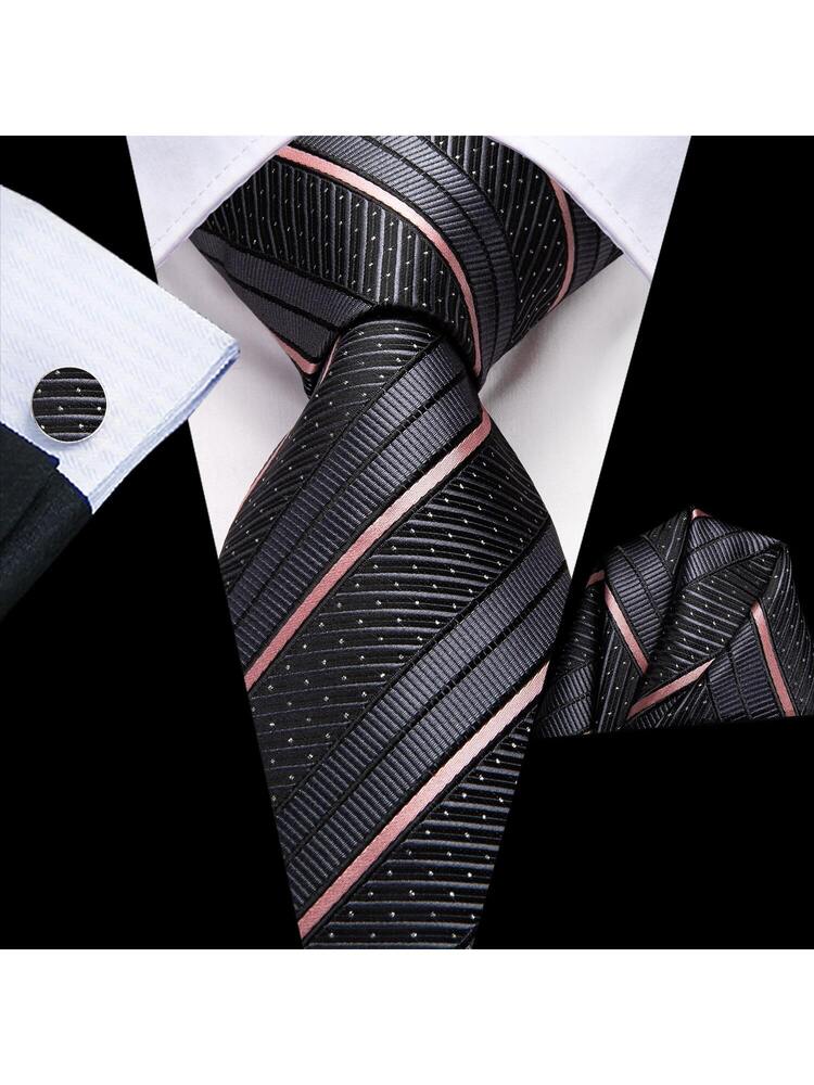 Men Tie Pink Black Striped Hanky Cufflinks Set Silk Business Work Gift
