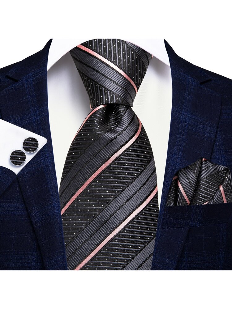 Men Tie Pink Black Striped Hanky Cufflinks Set Silk Business Work Gift
