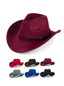 Unisex Western Cowboy Felt Hat With Rolled Brim - Burgundy - View 2