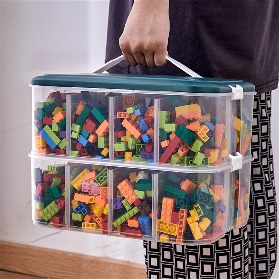 1pc Kids' Toy Storage Box With Handle And Clear Compartments For Sorting And Storing Building Blocks - Orange - View 1