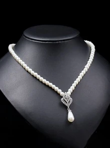 3 件套新娘珍珠项链耳环套装万圣节珍珠耳环女士 - 白色 - 查看 3