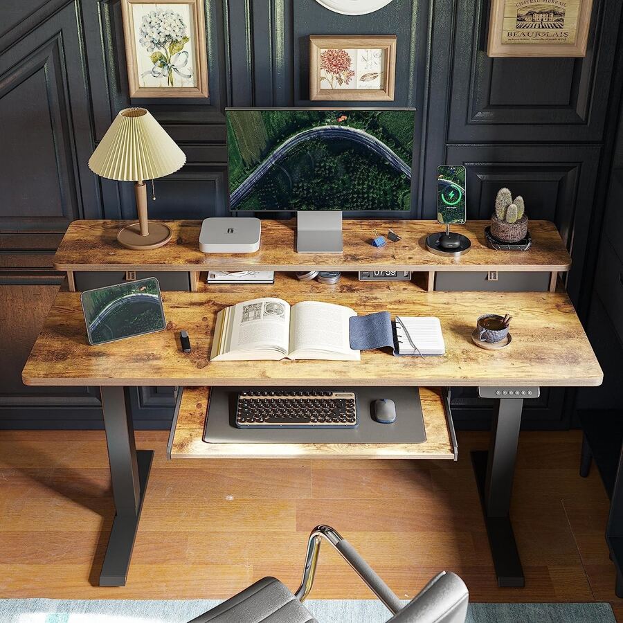 Height Adjustable Electric Standing Desk With Keyboard Tray, 55 X 24 Inch Stand Up Table With Storage Shelf, Sit Stand Desk - Rustic Brown - View 1