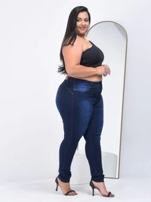 Plus Size Jeans - 深色水洗藍 - 查看 3