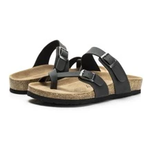 Womens Leather Slide Sandals With Comfort Footbed - Black - View 6