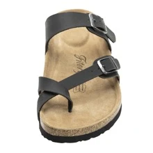 Womens Leather Slide Sandals With Comfort Footbed - Black - View 3