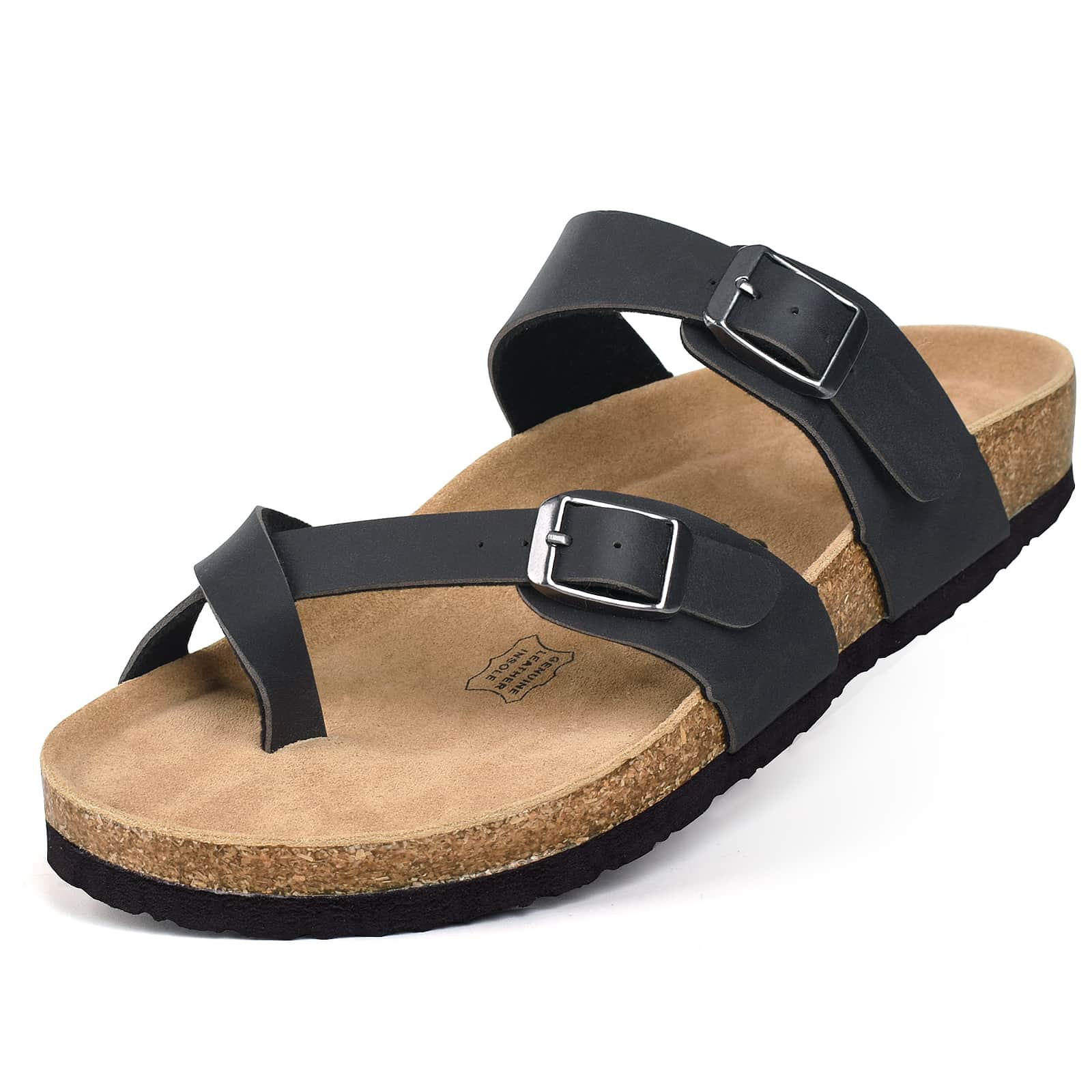 Womens Leather Slide Sandals With Comfort Footbed - Black - View 1