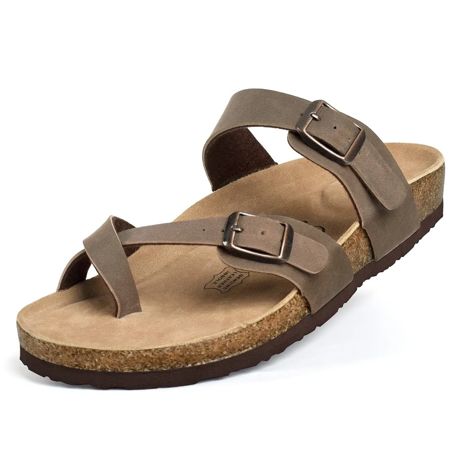 Womens Leather Slide Sandals With Comfort Footbed - Brown - View 1