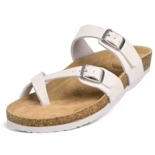 Womens Leather Slide Sandals With Comfort Footbed - White - View 1
