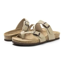 Womens Leather Slide Sandals With Comfort Footbed - Màu be - Xem 6