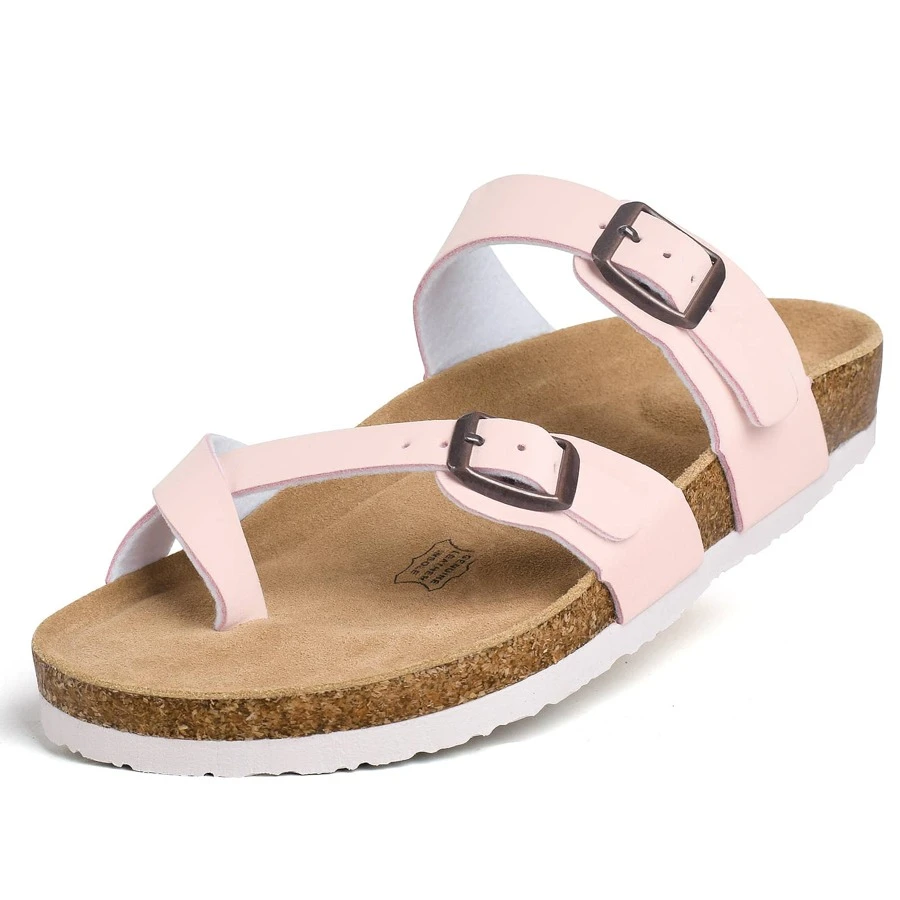 Womens Leather Slide Sandals With Comfort Footbed - Pink - View 1