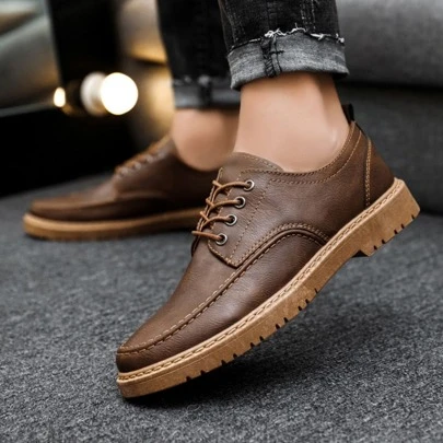 New Arrival Men's Pu Leather Shoes, Korean Style, Versatile, Lace-up, Casual, British Style Pu Leather Shoes For Teenage Boys (stitching Color: Brown For Brown Shoes; Black For Black Shoes)