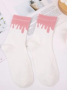 1pc Pink And White Two-tone Mid-calf Socks - Multicolor - View 3
