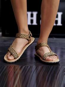 男士夏天卡其色幾何樣式魔術貼綁帶涼鞋海灘鞋 - 卡其色 - 查看 3