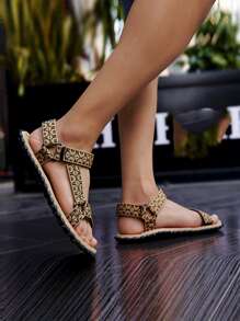 男士夏天卡其色幾何樣式魔術貼綁帶涼鞋海灘鞋 - 卡其色 - 查看 4