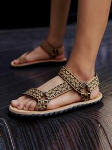 男士夏天卡其色幾何樣式魔術貼綁帶涼鞋海灘鞋 - 卡其色 - 查看 1