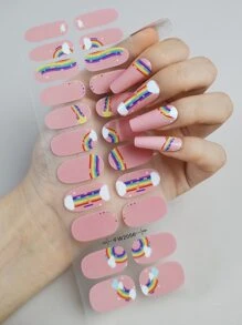 22入組/套彩虹法語粉色的美甲貼紙,全覆蓋帶1入組指甲銼 - 彩色 - 查看 1