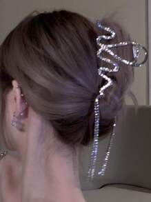 1pc Versatile Stylish Rhinestone Wavy Tassel Hair Claw Clip Party Y2k Summer Hair Clips Hair Jaw Clip Hair Clamps Hair Clutch Hair Catcher Clip, School Stuff, College Fall Winter Hair Accessories For Women For Vacation Outfits Woman - Silver - View 3