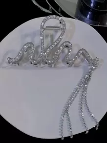 1pc Versatile Stylish Rhinestone Wavy Tassel Hair Claw Clip Party Y2k Summer Hair Clips Hair Jaw Clip Hair Clamps Hair Clutch Hair Catcher Clip, School Stuff, College Fall Winter Hair Accessories For Women For Vacation Outfits Woman - Silver - View 6