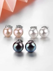 3 paires Boucles d'oreilles perles d'eau douce naturelles 7-8 mm en blanc, rose et noir, cadeau pour les amis