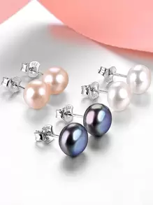 3 paires Boucles d'oreilles perles d'eau douce naturelles 7-8 mm en blanc, rose et noir, cadeau pour les amis