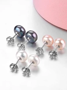 3 paires Boucles d'oreilles perles d'eau douce naturelles 7-8 mm en blanc, rose et noir, cadeau pour les amis