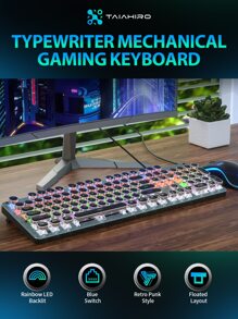 Taiahiro 機械遊戲鍵盤和鼠標二合一,打字機風格機械遊戲鍵盤,黑色復古朋克遊戲鍵盤帶RGB背光,104鑰匙藍色的開關有線可愛鍵盤,圓形鑰匙適用於 - 黑色 - 查看 10