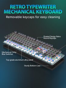 Taiahiro 機械遊戲鍵盤和鼠標二合一,打字機風格機械遊戲鍵盤,黑色復古朋克遊戲鍵盤帶RGB背光,104鑰匙藍色的開關有線可愛鍵盤,圓形鑰匙適用於 - 黑色 - 查看 2