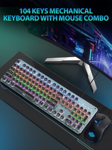 Taiahiro 機械遊戲鍵盤和鼠標二合一,打字機風格機械遊戲鍵盤,黑色復古朋克遊戲鍵盤帶RGB背光,104鑰匙藍色的開關有線可愛鍵盤,圓形鑰匙適用於 - 黑色 - 查看 11