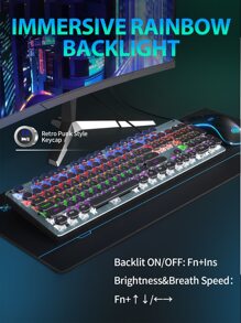 Taiahiro 機械遊戲鍵盤和鼠標二合一,打字機風格機械遊戲鍵盤,黑色復古朋克遊戲鍵盤帶RGB背光,104鑰匙藍色的開關有線可愛鍵盤,圓形鑰匙適用於 - 黑色 - 查看 5