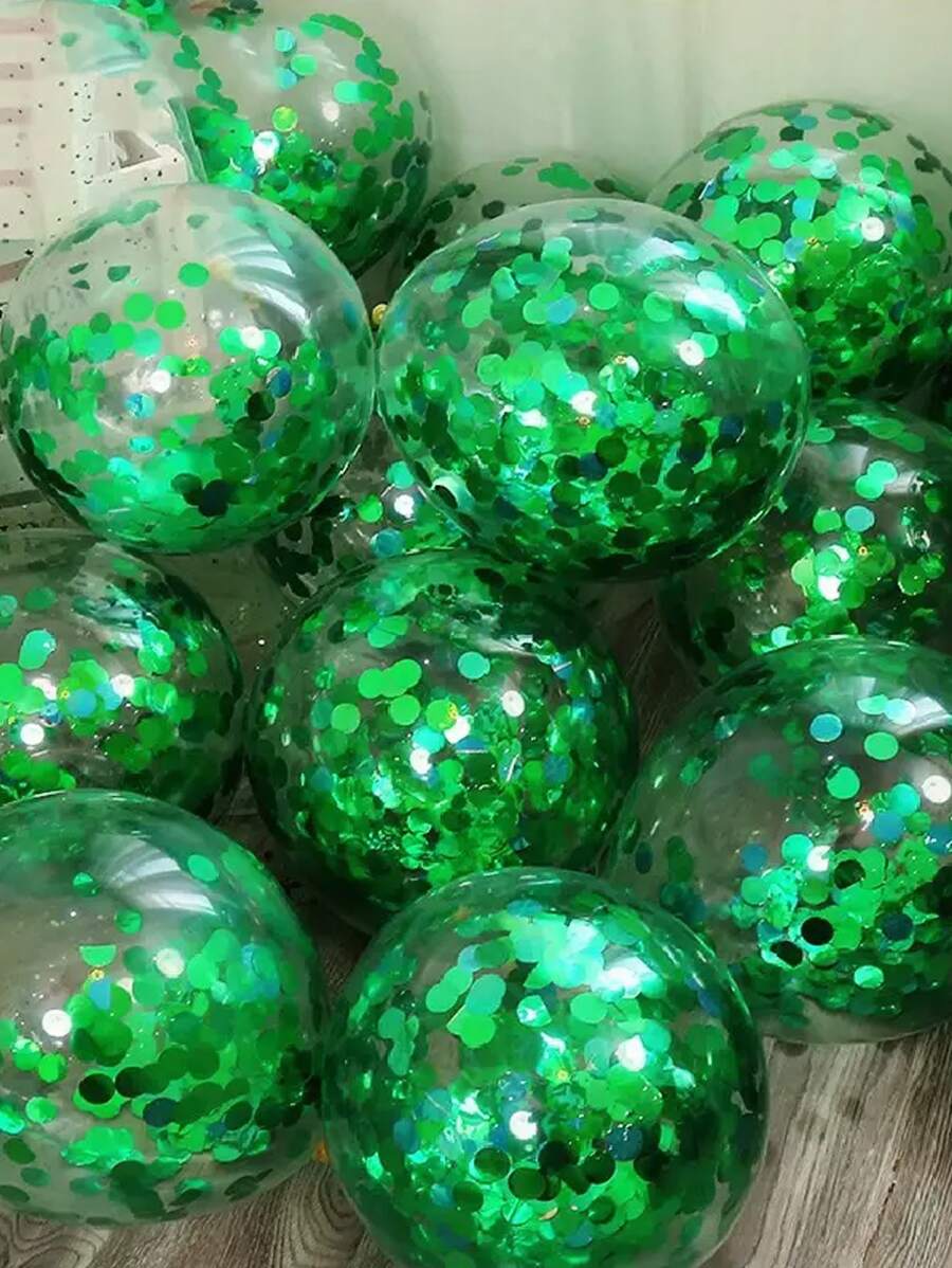 12pcs/Pack 12-Inch Multicolor Confetti & Green Glitter Balloons, Birthday Wedding Party Decorations - Green - View 1